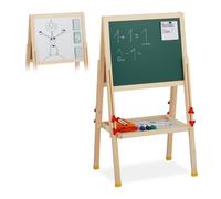 Relaxdays Pizarra Infantil Doble, Altura Ajustable, Magnética, Rotuladores y Tizas, Madera, 81-104 x 45 x 42 cm, Marrón