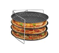 Relaxdays Pizzablech, set de 4, con soporte, antiadherente, acero al carbono, bandeja crujiente, antracita/plata