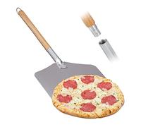 Relaxdays Aluminium Shovel Pala de Pizza, Aluminio con Mango Madera Plegable, Paleta Panes o Empanadas, 30,5 x 30,5 cm, Plateado/Marrón