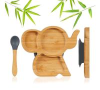 Relaxdays Plato Infantil de bambú con Ventosa, sin BPA, Antideslizante, Plato Dividido Elefante, Natural/Gris