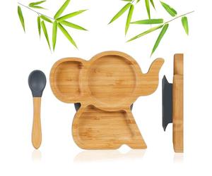 Relaxdays Plato Infantil de bambú con Ventosa, sin BPA, Antideslizante, Plato Dividido Elefante, Natural/Gris