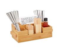 relaxdays Porta Utensilios Cocina, 7 Compartimentos, Organizador Cubiertos Madera, Bambú, 11,5x35x15cm, Marrón Natural