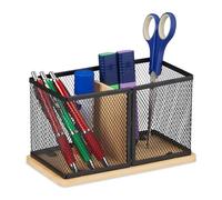 Relaxdays Portabolis, Bambú y Rejilla, 11 x 19 x 10 cm, Portalápices para Escritorio, Portabolígrafos, Negro/Natural