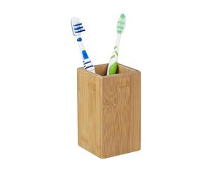 Relaxdays Portacepillos Dientes, Cuadrado, Diseño Natural, Vaso Baño, Bambú Revestimiento PU, 11 x 6,5 x 6,5 cm, Natural