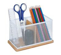 Relaxdays Portalápices de Bambú y Rejilla Alambre, Organizador Escritorio 2 Compartimentos, 11x19x10 cm, Natural/Blanco, 11 x 19 x 10 cm