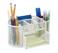 Relaxdays Portalápices con Cajón, Organizador de Escritorio para Bolígrafos, Malla Metálica, 10,5 x 22 x 11 cm, Blanco