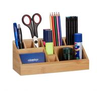 Relaxdays Portalápices Bambú, Organizador Escritorio Rectangular, 10 Compartimentos, Oficina, 9,5 x 23 x 9 cm, Natural