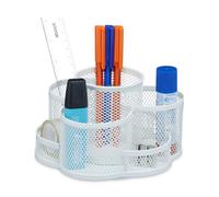 Relaxdays Portalápices 7 Compartimentos Metal, Giratorio, Organizador Escritorio, Mesa Estudio, 10,5x16x17cm, Blanco, Acero