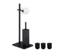 Relaxdays Escobillero y Portarrollos WC, Porta Escobillas y Rollo Papel Higiénico, 3 Recambios, Baño, Aseo, Acero, Negro, 1 Unidad