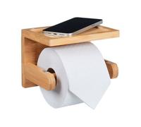 Relaxdays Estante Portarrollos Baño con Balda para el Móvil, Soporte de Papel Higiénico de Bambú, 12,5 x 16,5 x 12,5 cm, Natural