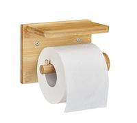 Relaxdays Portarrollos Baño de Pared, con Balda, Soporte Rollo Papel Higiénico, Madera Bambú, 12 x16 x 10,3 cm, Natural