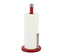 Relaxdays Portarrollos Cocina Vertical, Soporte Rollos Encimera, Sujetarrollos Metal con Tope, 35 x 15 cm, Rojo/Plateado, Acero Inoxidable