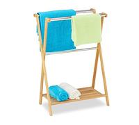 Relaxdays Portatoallas de Pie Balda, 5 Barras, Bambú, Natural | Acero Inoxidable, Toallero con Repisa Baño, 87x58,5x36 cm