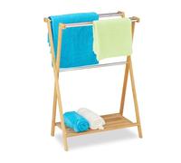 Relaxdays Portatoallas de Pie Balda, 5 Barras, Bambú, Acero Inoxidable, Toallero con Repisa Baño, 87x58,5x36 cm, Natural