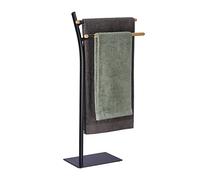 Relaxdays Portatoallas de Pie Metálico con Madera, Autónomo, 2 Barras, 88 x 46,5 x 20 cm, sin Taladrar, Negro y Natural, Acero