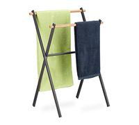 Relaxdays Portatoallas de Pie Plegable, 2 Barras para Colgar Toallas, Baño, Acero y Madera, 85 x 59 x 45 cm, Antracita