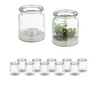 Relaxdays Portavelas Cristal, Set de 12, Interior y Exterior, 9,5 x 8 cm, Porta Velas Redondos, Bodas, Transparente, 7 x 6 cm