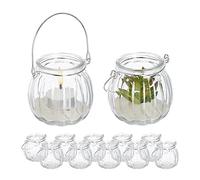 Relaxdays Portavelas Cristal, Set de 12, Porta Velas con Asa, 7,5 x 8 cm, Recipientes Vidrio Redondos, Transparente