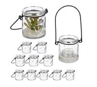 Relaxdays Portavelas Cristal, Set de 12, Porta Velas con Asa para Bodas, Interior y Exterior, 7x6 cm, Transparente/Negro