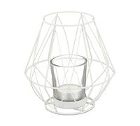 Relaxdays Portavelas Rejilla, Diseño Geométrico, Soporte Velas, Vaso Cristal, Metálico, Decoración Mesa, 14x14cm, Blanco, Hierro