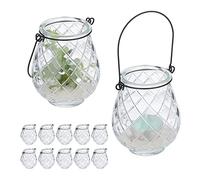 Relaxdays Portavelas, Set 12, Cristal, con Asa, Interior y Exterior, 10 x 8,5 cm, Porta Velas Té, Transparente/Negro, 10x8,5 cm