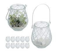 Relaxdays Portavelas, Set 12, Cristal, con Asa, Interior y Exterior, 10 x 8,5 cm, Porta Velas Té, Transparente/Plateado, Hierro, 10x8,5 cm