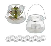 Relaxdays Portavelas, Set 12, Cristal, con Asa, Interior y Exterior, Porta Velas Té, 6,5 x 7,5 cm, Transparente/Plateada