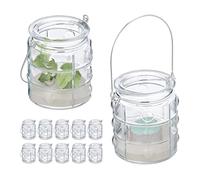 Relaxdays Portavelas, Set 12, Cristal, con Asa, Interior y Exterior, Porta Velas Té Redondo, 9x7,5cm, Transparente/Plata, Hierro