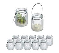 Relaxdays Portavelas, Set 12, Tarro con Asa, Interior, Exterior, 9,5 x 8 cm, Porta Velas Té Bodas, Transparente/Negro