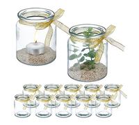 Relaxdays Portavelas, Set de 12, Cristal, Porta Velas Té con Lazo, 9,5 x 8 cm, Interior y Exterior, Transparente/Dorado, Poliéster