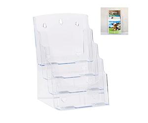 Relaxdays Prospekthalter Lang 4 Etagen Expositor para folletos A4/ DIN Largo, Cuatro Pisos, Mesa & Pared, 35x24,5x24cm, 1 Ud, Transparente