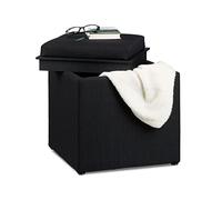 Relaxdays Puf con almacenaje, 42 x 40,5 x 40,5 cm (Al x An x Fon), Negro | Efecto lino, tela