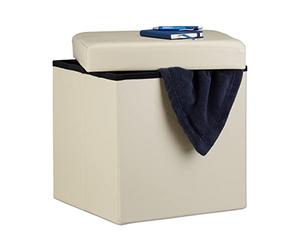 Relaxdays Puff Almacenaje Cuadrado con Tapa, Piel Sintética, Crema, 38 x 38 x 38 cm