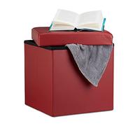 Relaxdays Puff Almacenaje Cuadrado con Tapa, Piel Sintética, Rojo, 38 x 38 x 38 cm