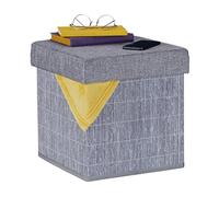 Relaxdays Puff Almacenaje Plegable, Acolchado, Bambú, Tela, 36 x 35 x 35 cm, Otomana de Almacenamiento con Tapa, Gris, Tablero de Fibras