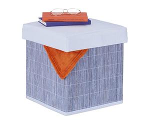 Relaxdays Puff Almacenaje Plegable, Acolchado Suave, 35 x 35 x 35 cm, Taburete Cuadrado, Tela, Bambú, Gris y Blanco