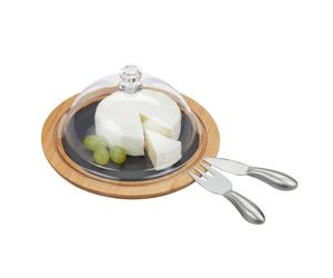 Relaxdays Quesera redonda con cubiertos marrón claro,negro,transparente