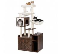 Relaxdays, rascador con Armario arenero, 2 comederos y Cueva, sisal, Puerta magnética, aglomerado, Blanco Industrial