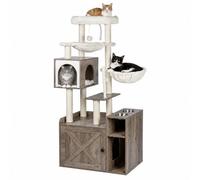Relaxdays, rascador con Armario para arenero, 2 comederos y Cueva, sisal, Puerta magnética, Efecto Madera