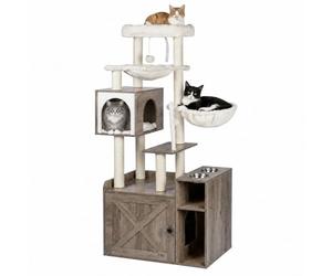 Relaxdays rascador, Mueble arenero y comedero, 144x71x45,5 cm, marrón Claro | postes de sisal, cesta, efecto madera