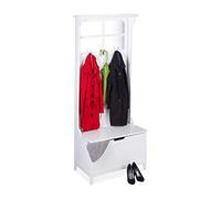 Relaxdays Recibidor Perchero con Espejo, Banco, 3 Colgadores y Baúl Almacenaje, DM y Metal, Blanco, 186 x 81 x 44,5 cm