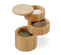 Relaxdays Recipiente Bote Sal con Tapa, 3 Compartimientos, Bambú, Especiero Giratorio, 13 x 9 cm, Cierre Magnético, Natural