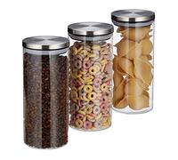 Relaxdays Recipientes para alimentos, 1,3L, Hermético, Tapa de acero inoxidable, Tarros de cocina, 3 Uds., Transparente