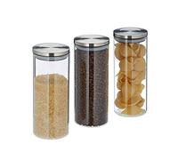 relaxdays Recipientes para Alimentos, Herméticos, Tapa de Acero Inoxidable, 1,5L, 3 Uds, Transparente, Vidrio