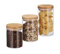 Relaxdays Recipientes para guardar alimentos, Set, Para 500, 700 & 1000 ml, Envases de cristal, 9,5 cm, Bambú, 3 Uds.