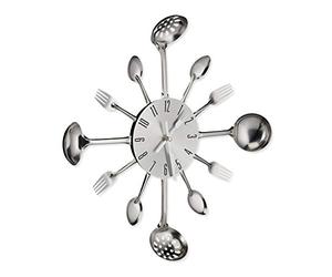 Relaxdays Reloj Pared Cubiertos, Reloj Cocina, Cuchara, Tenedor, Espumadera, Tictac, a Pilas, Ø 40 cm, Metal, Plateado