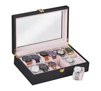 Relaxdays Relojero 12 Compartimentos, Caja Guardar Relojes, Pulseras, Terciopelo, 8,5x31,5x21cm, Joyero, MDF, Negro/Rosa, 8,5 x 31,5 x 21 cm