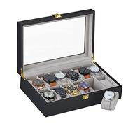 Relaxdays Relojero 12 Compartimentos Interior Aterciopelado, Caja Relojes, Ventanilla, MDF, 8,5x31,5x21 cm, Negro y Gris, Terciopelo, 8,5 x 31,5 x 21 cm