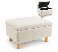 Relaxdays Reposapiés con almacenaje, acolchado, 28 x 40 x 30 cm, beige | efecto bouclé, patas de madera