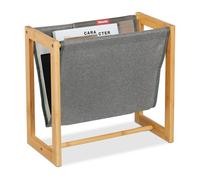 Relaxdays Revistero, Bambú y Tela, 37 x 39,5 x 21 cm, A4, Soporte Revistas y Periódicos, Portarevistas, Natural/Gris, Poliéster